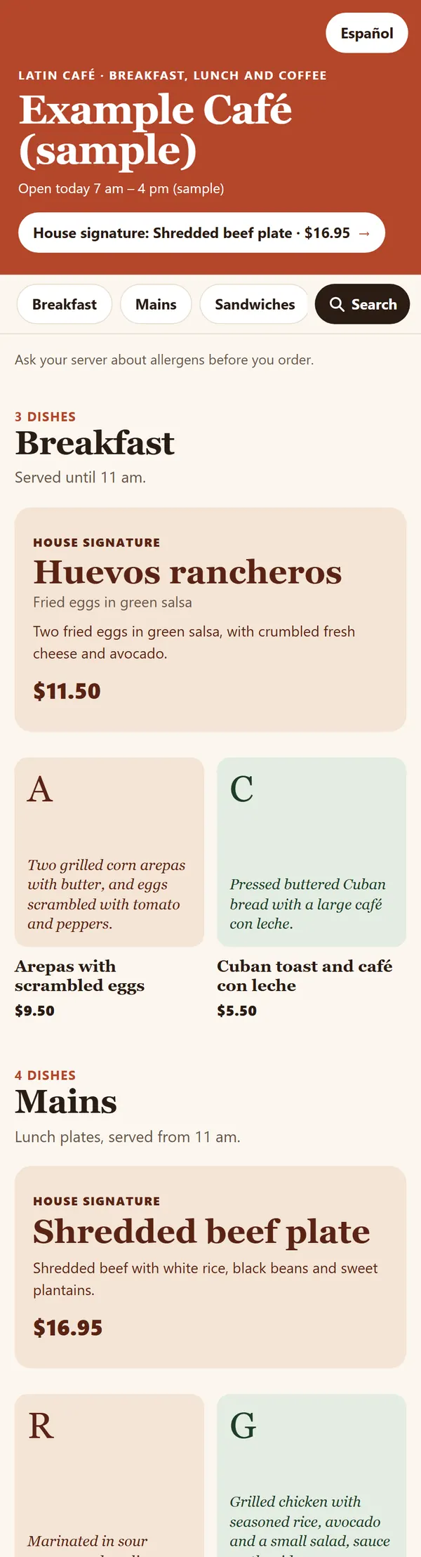 The opening of a sample café menu in the Food Spotlight style, on a phone